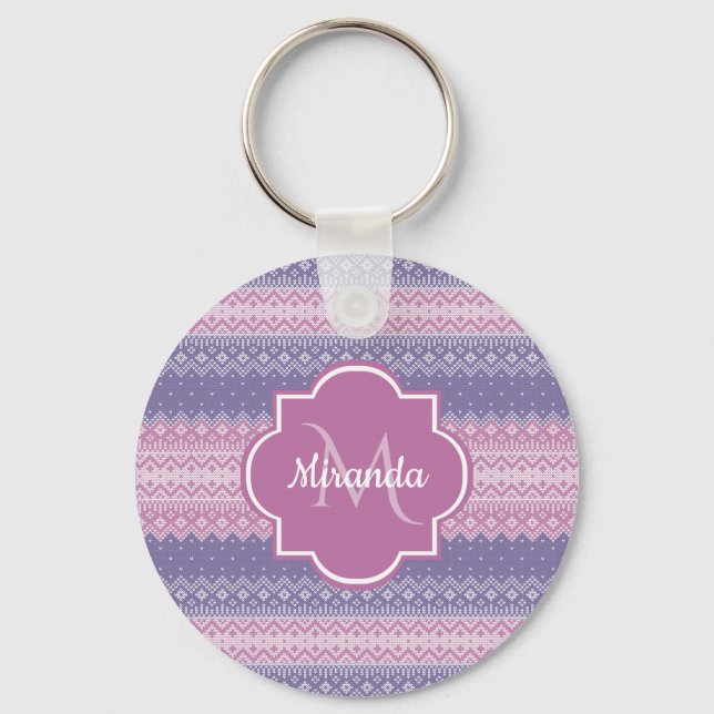 Stylish Purple Knit Pattern With Monogram and Name Key Ring (Front)
