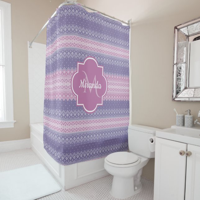 Stylish Purple Knit Pattern With Monogram and Name Shower Curtain (In Situ)