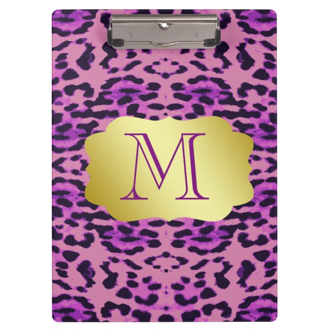 Stylish Purple Leopard Print Custom Monogram Clipboard (Front)