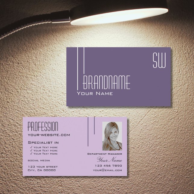 Stylish Purple Lilac Chic with Monogram and Photo Business Card (Creator Uploaded)