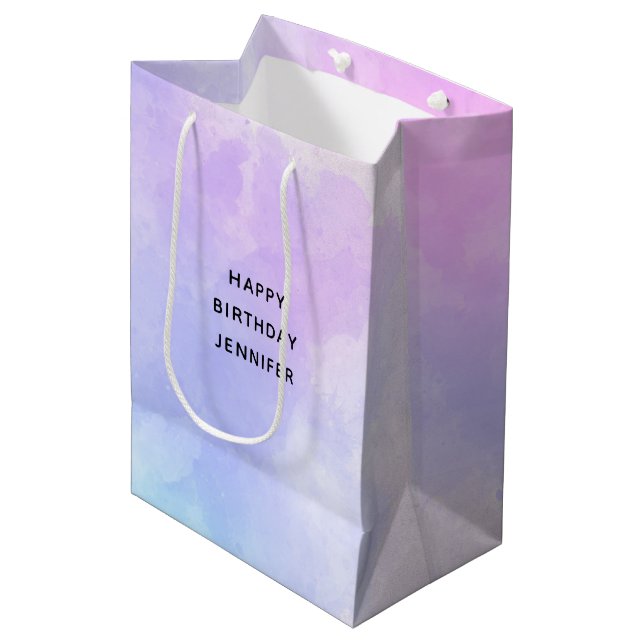 Stylish Purple Pink Blue Watercolor Birthday Medium Gift Bag (Front Angled)