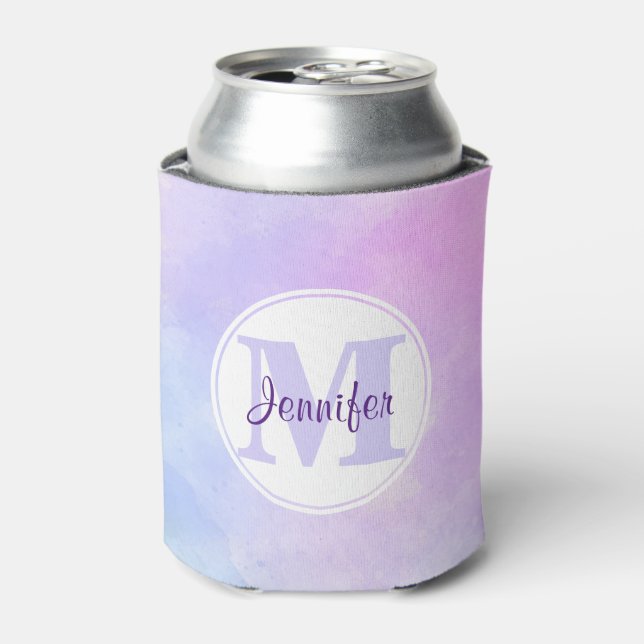 Stylish Purple Pink Blue Watercolor Monogram Can Cooler (Can Front)