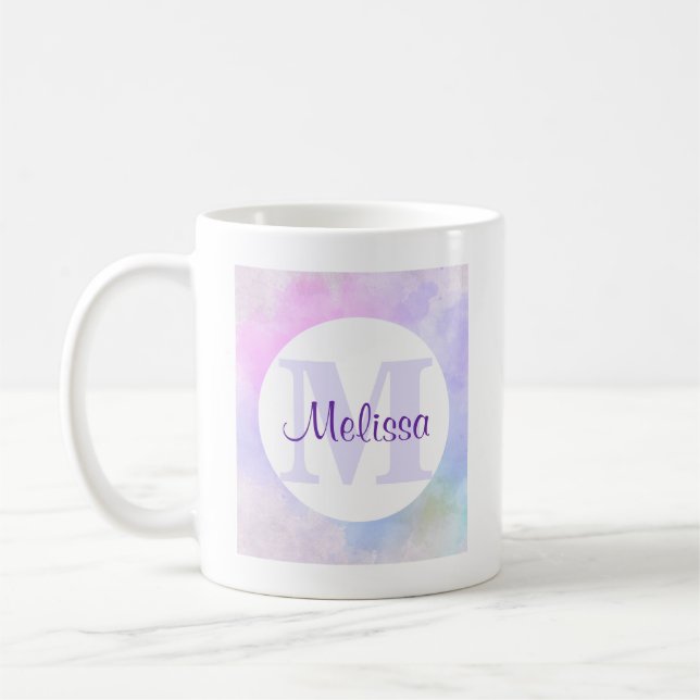 Stylish Purple Pink Blue Watercolor Monogram Coffee Mug (Left)