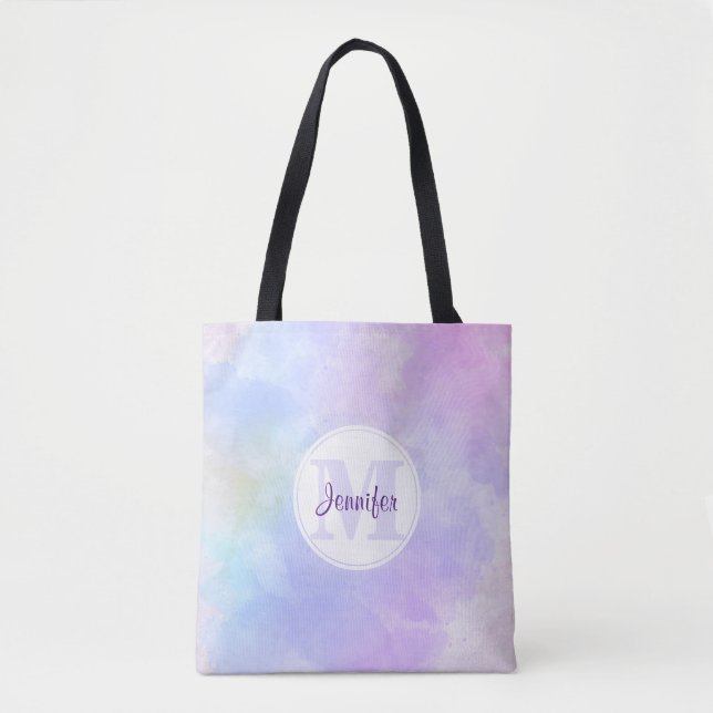 Stylish Purple Pink Blue Watercolor Monogram Tote Bag (Front)