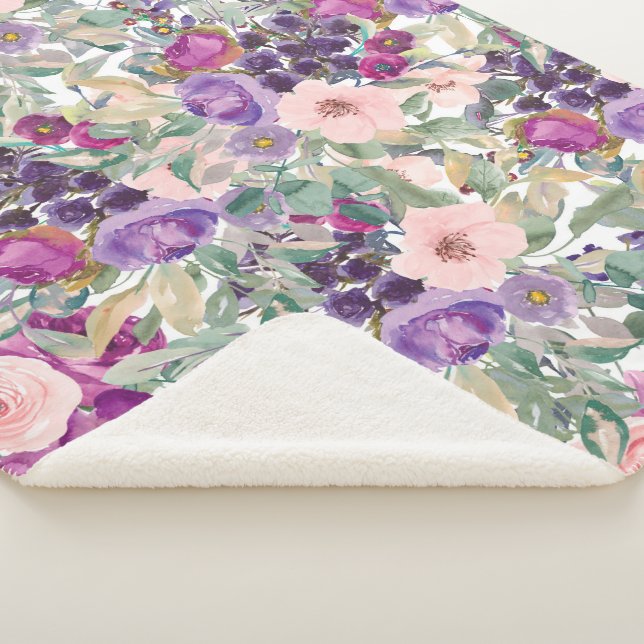 Stylish Purple Pink Watercolor Floral Boho Sherpa Blanket (3/4)