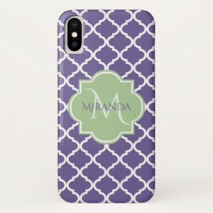 Stylish Purple Quatrefoil and Name Green Monogram Case-Mate iPhone Case