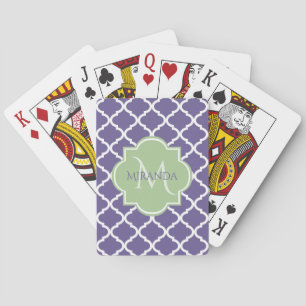 Stylish Purple Quatrefoil and Name Green Monogram Playing Cards