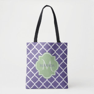 Stylish Purple Quatrefoil and Name Green Monogram Tote Bag