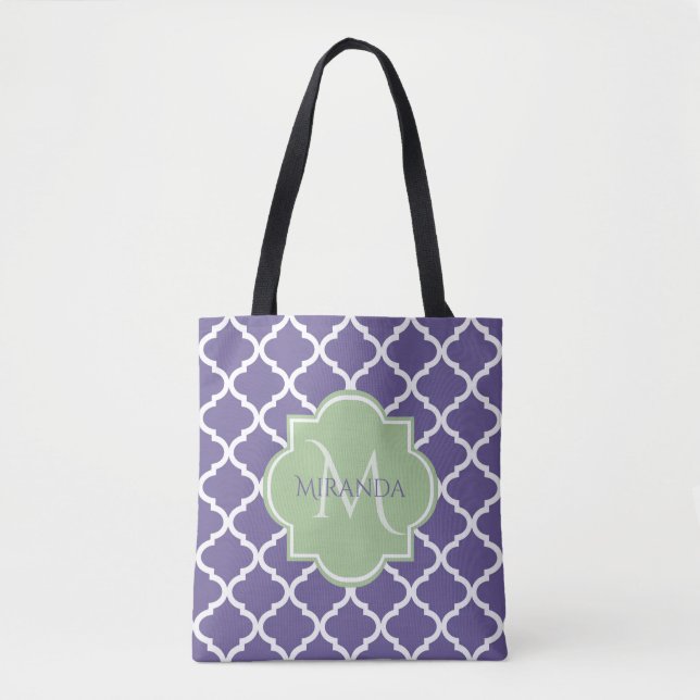 Stylish Purple Quatrefoil and Name Green Monogram Tote Bag (Front)