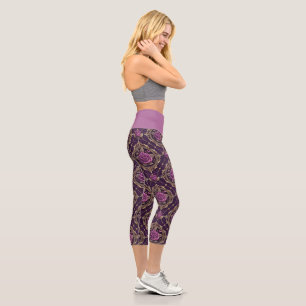 Stylish Purple Rose Mandala Yoga Activewear Capri Leggings
