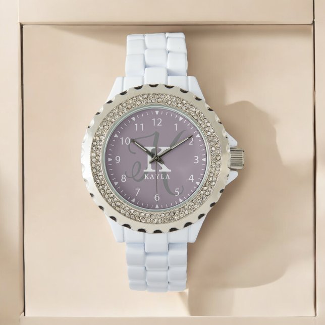 Stylish Purple Script Monogram and Name Watch (Personalize with your monogram initial and name.)