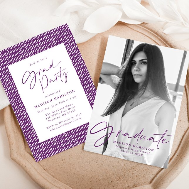 Stylish Purple Script Photo Graduation Party Invitation (Creator Uploaded)