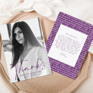 Stylish Purple Script Photo Graduation Thank You Card