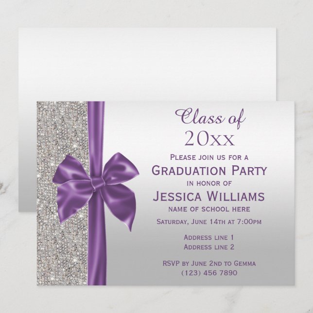 Stylish Purple Silk Bow, Silver Sequins Graduation Invitation (Front/Back)