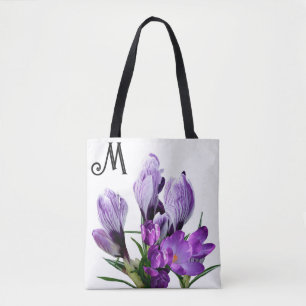 Stylish purple spring crocus flowers on black tote bag
