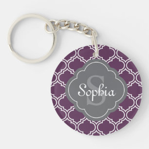 Stylish Purple Trellis Grey Monogram Key Ring