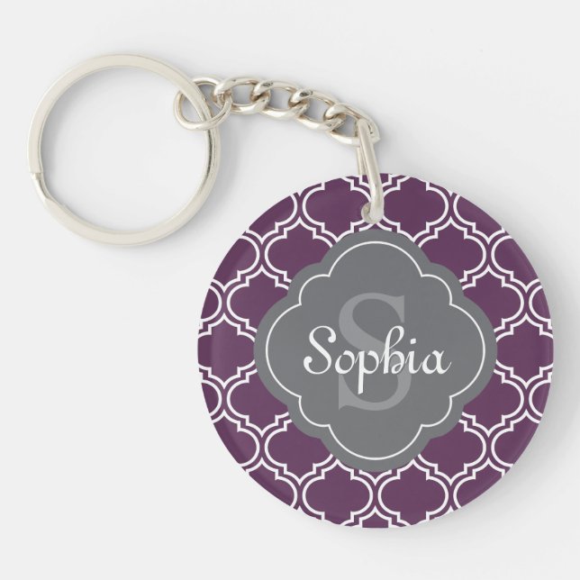 Stylish Purple Trellis Grey Monogram Key Ring (Front)