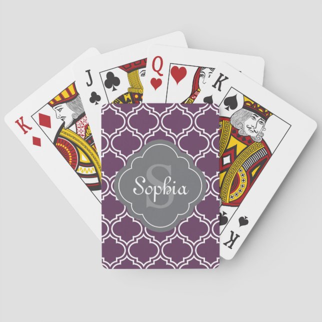 Stylish Purple Trellis Grey Monogram Playing Cards (Back)