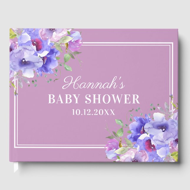 Stylish Purple Watercolor Floral Baby Shower Guest Book (Front)