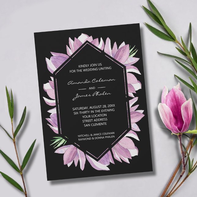 Stylish Purple Watercolor Magnolias Wedding Invitation (Elegant purple and white magnolias square wedding invitations - INSTANT DOWNLOAD and/or PRINTED)