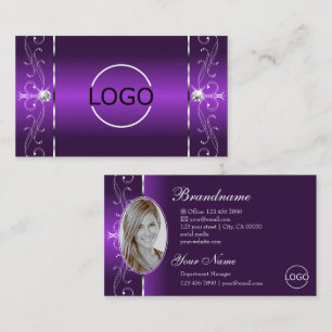 Stylish Purple White Squiggled Jewels Logo & Photo Business Card