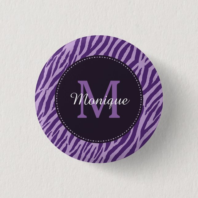 Stylish Purple Zebra Print With Monogram and Name 3 Cm Round Badge (Front)