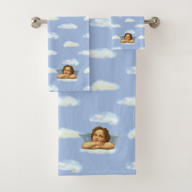 Stylish Raphael Cherub on Sky Blue Bath Towel Set (Insitu)