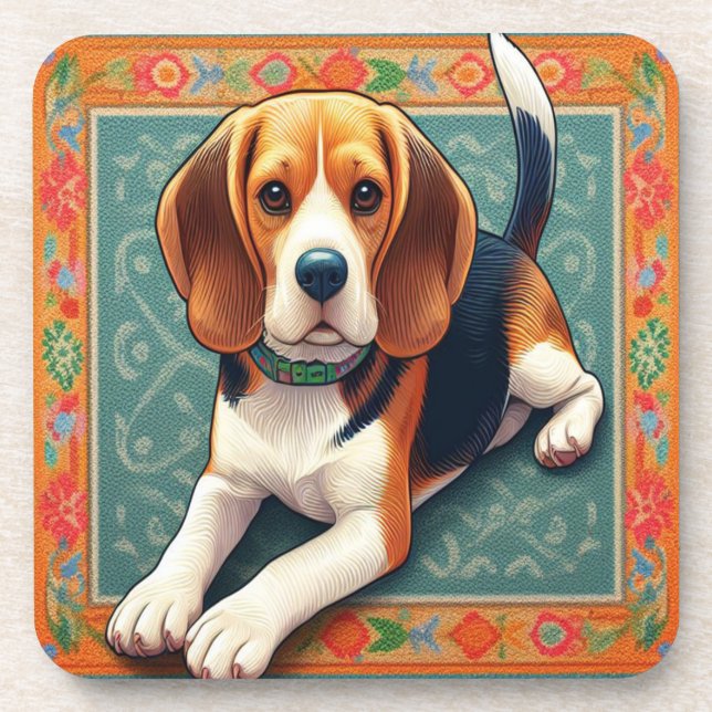 Stylish Realistic 3D Beagle Dog Colourful Border Coaster (Front)