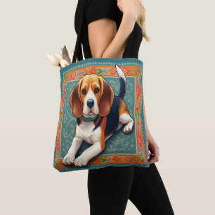 Stylish Realistic 3D Beagle Dog Colourful Border Tote Bag