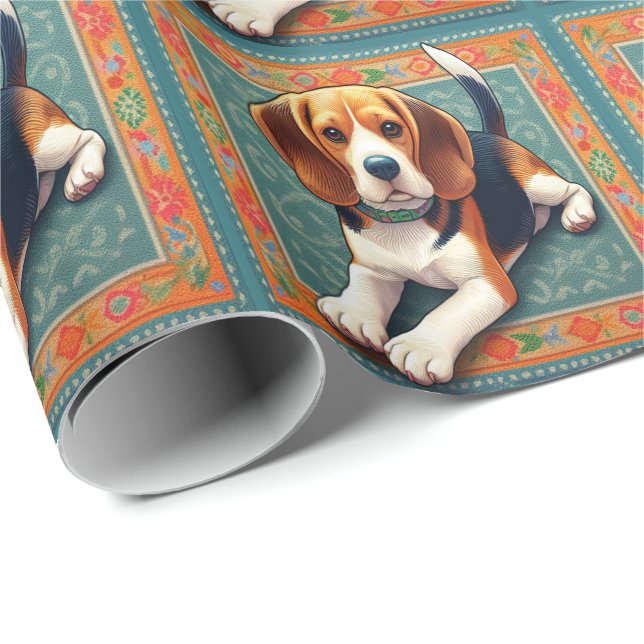 Stylish Realistic 3D Beagle Dog Colourful Border Wrapping Paper (Roll Corner)