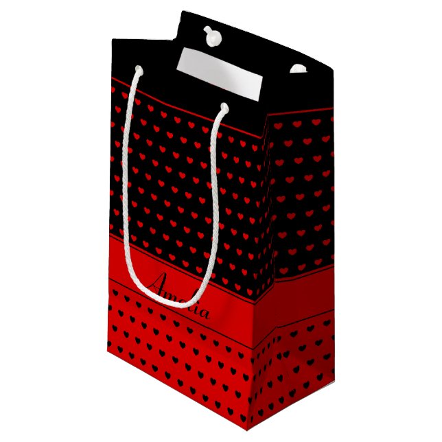 Stylish Red And Black Hearts Pattern, Custom Name Small Gift Bag (Front Angled)