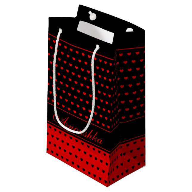 Stylish Red And Black Hearts Pattern, Custom Name Small Gift Bag (Front Angled)