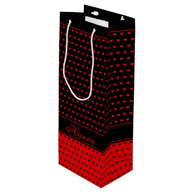 Stylish Red and Black Hearts Pattern, Custom Name Wine Gift Bag (Front Angled)