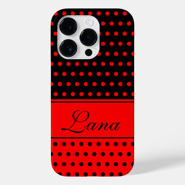 Stylish Red and Black Polka Dots, Custom Name Case-Mate iPhone Case (Back)