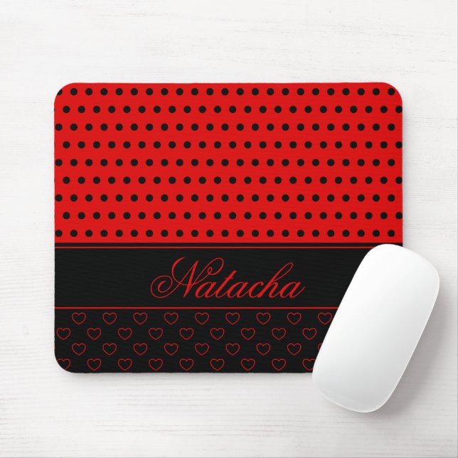 Stylish Red And Black Polka Dots Custom Name Mouse Pad (With Mouse)