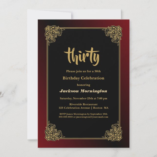 Stylish Red and Gold Border 30th Birthday Party Invitation (Front)