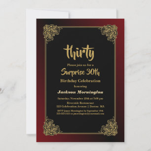 Stylish Red and Gold Border Surprise 30th Birthday Invitation