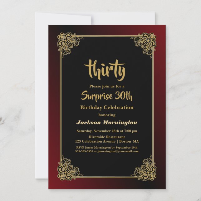 Stylish Red and Gold Border Surprise 30th Birthday Invitation (Front)