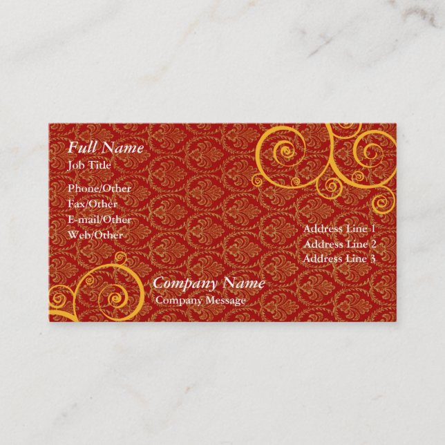 Stylish Red And Gold Swirl Business Card Template (Front)