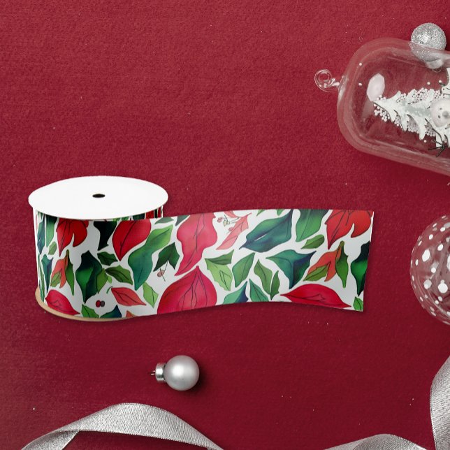 Stylish Red And Green Leaves Christmas Watercolor Satin Ribbon (Creator Uploaded)