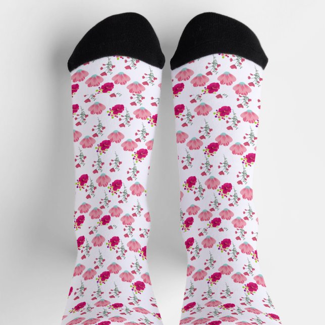 Stylish Red and Pink Flral Pattern Socks (Top)
