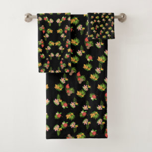 Stylish red and pink wildflower pattern on black bath towel set