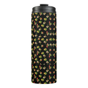 Stylish red and pink wildflower pattern on black thermal tumbler