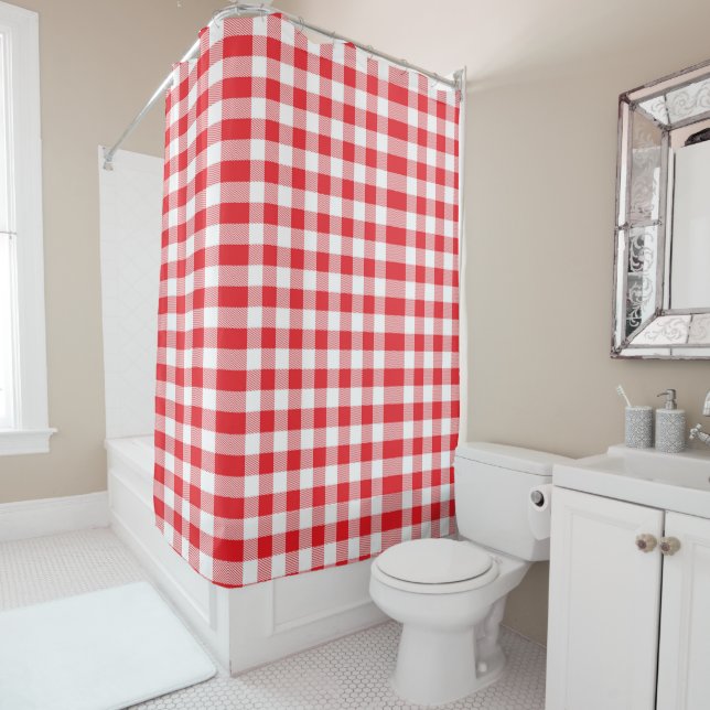 Stylish Red and White Chequered Shower Curtain (In Situ)