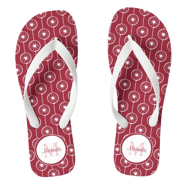 Stylish Red and White Hearts Monogram With Name Jandals (Footbed)