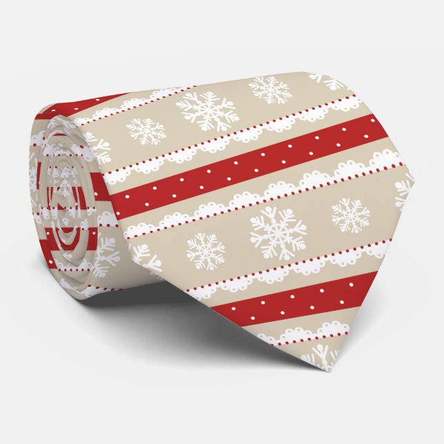 Stylish Red Beige White Christmas Snowflakes Tie (Rolled)