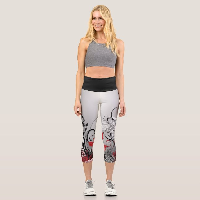 Stylish Red Black and Gray Leaf Design  Capri Leggings (Front)
