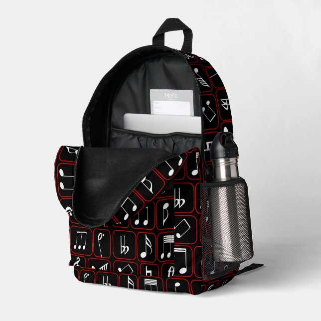 Stylish Red Black and White Geometric Music Notes Printed Backpack (Back Corner Right (Open))