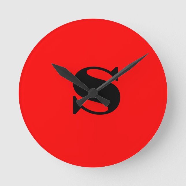 Stylish Red Black Monogram Initial Professional Round Clock (Front)