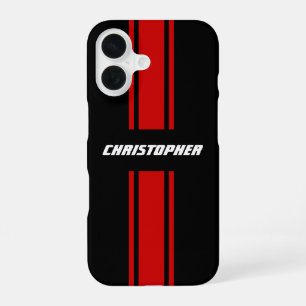Stylish Red Black Racing Stripes Monogrammed Name iPhone 16 Case